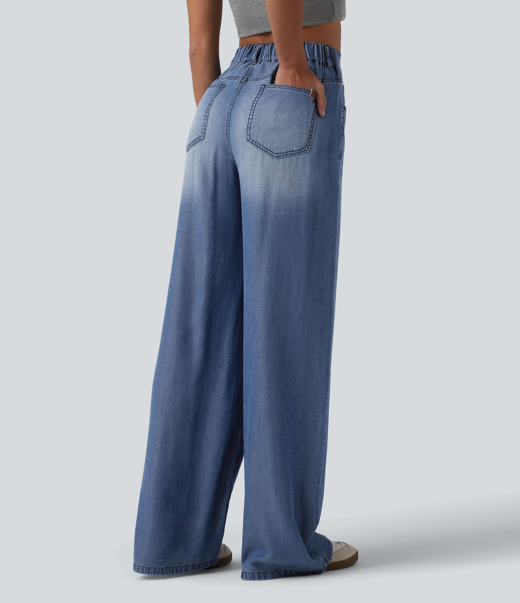 Jean large décontracté asymétrique en lyocell taille mi-haute drapé avec poches