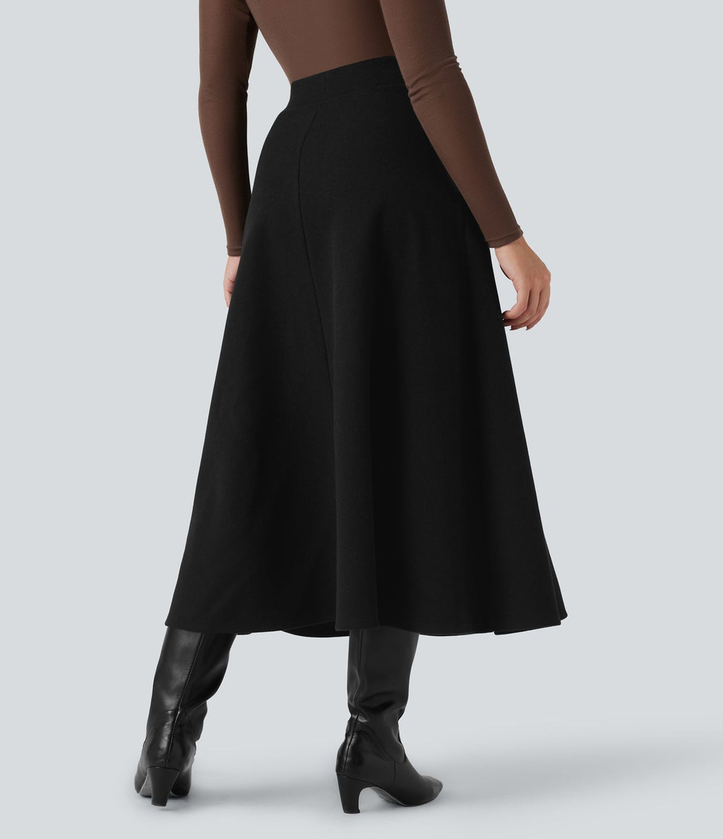 Jupe mi-longue évasée polaire taille haute avec poches