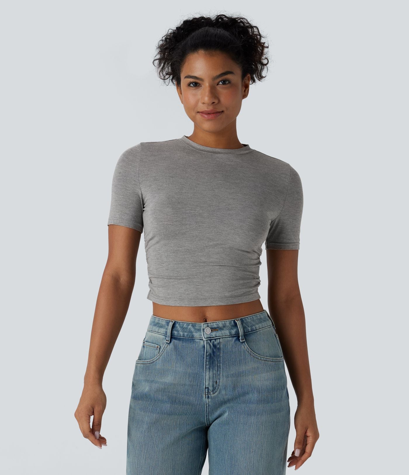 T-shirt Casual à Col Rond Manches Courtes Ruché Cintré et Court