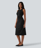 Robe casual mi-longue bodycon froncée col rond sans manches