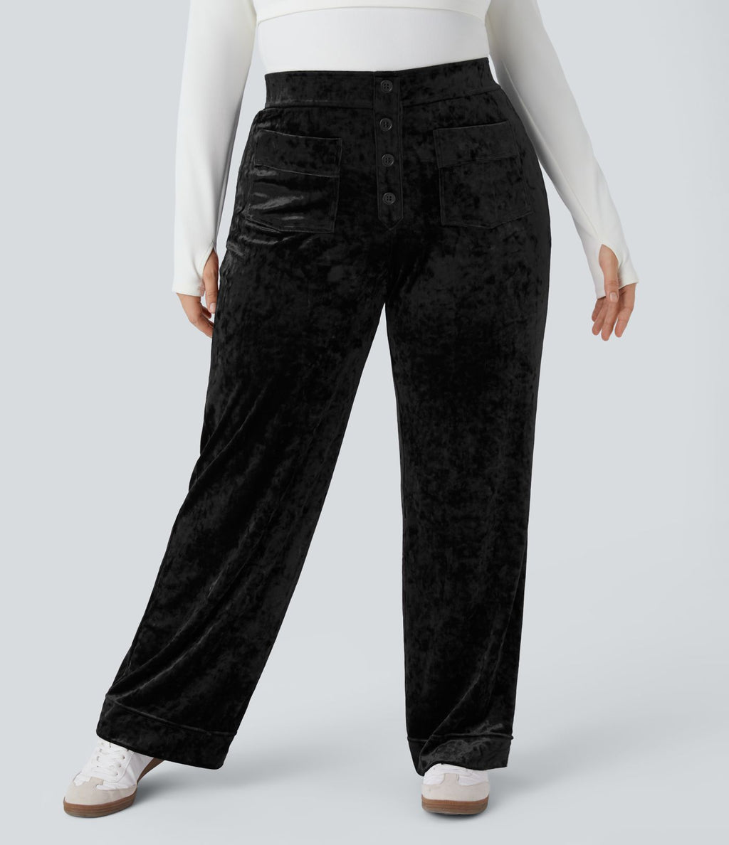Pantalon décontracté grande taille en velours taille haute à boutons avec poches multiples et jambes droites