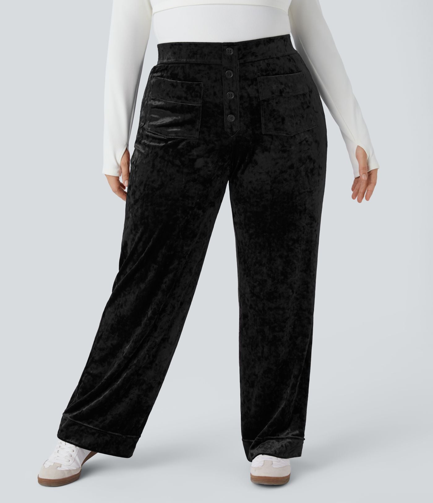 Pantalon décontracté grande taille en velours taille haute à boutons avec poches multiples et jambes droites