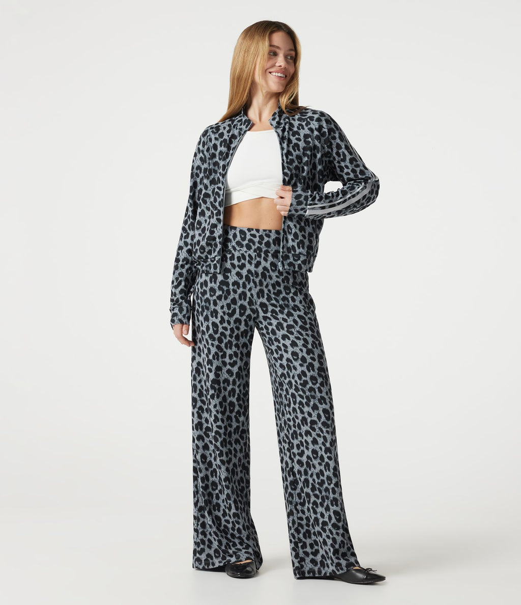 Pantalon léopard décontracté ample color block, taille haute, en tissu gaufré, à poches