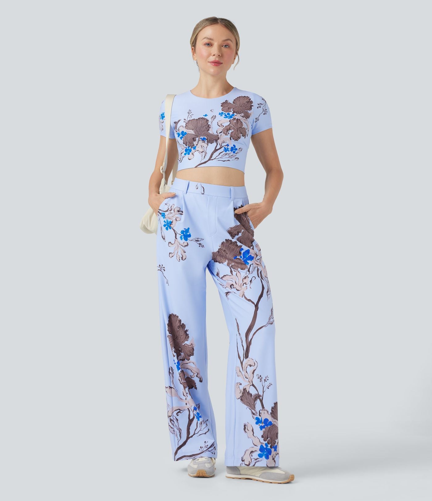 Pantalon décontracté droit à imprimé floral, taille haute, Halara X Yukiko, avec poches