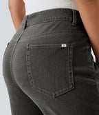 Jean décontracté Halara Flex™ grande taille, taille haute, multiples poches, jambes droites, effet délavé, en maille extensible