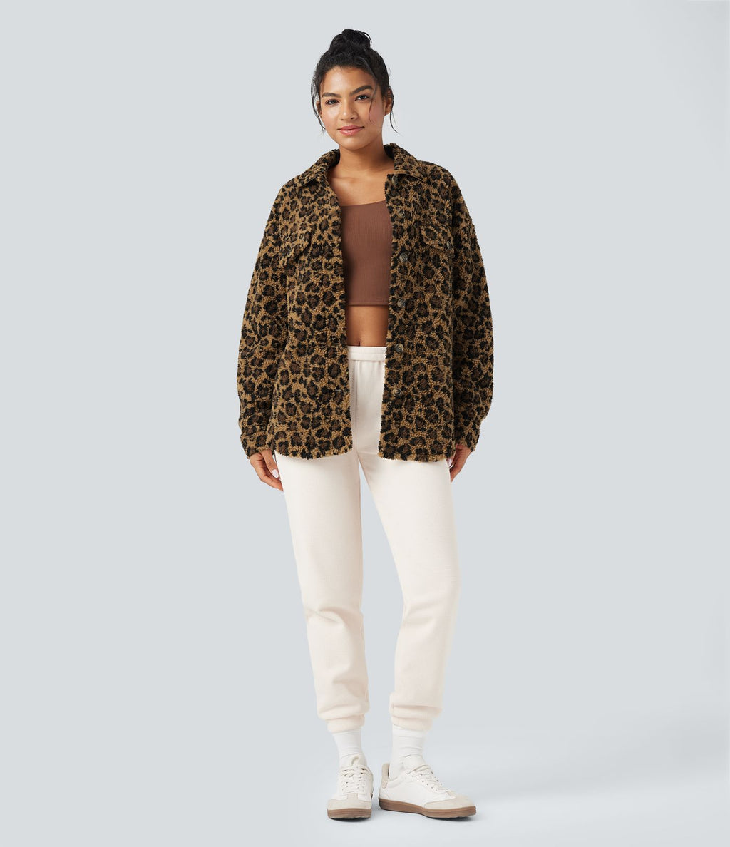 Veste-chemise sherpa col ourlet arrondi manches longues avec poches