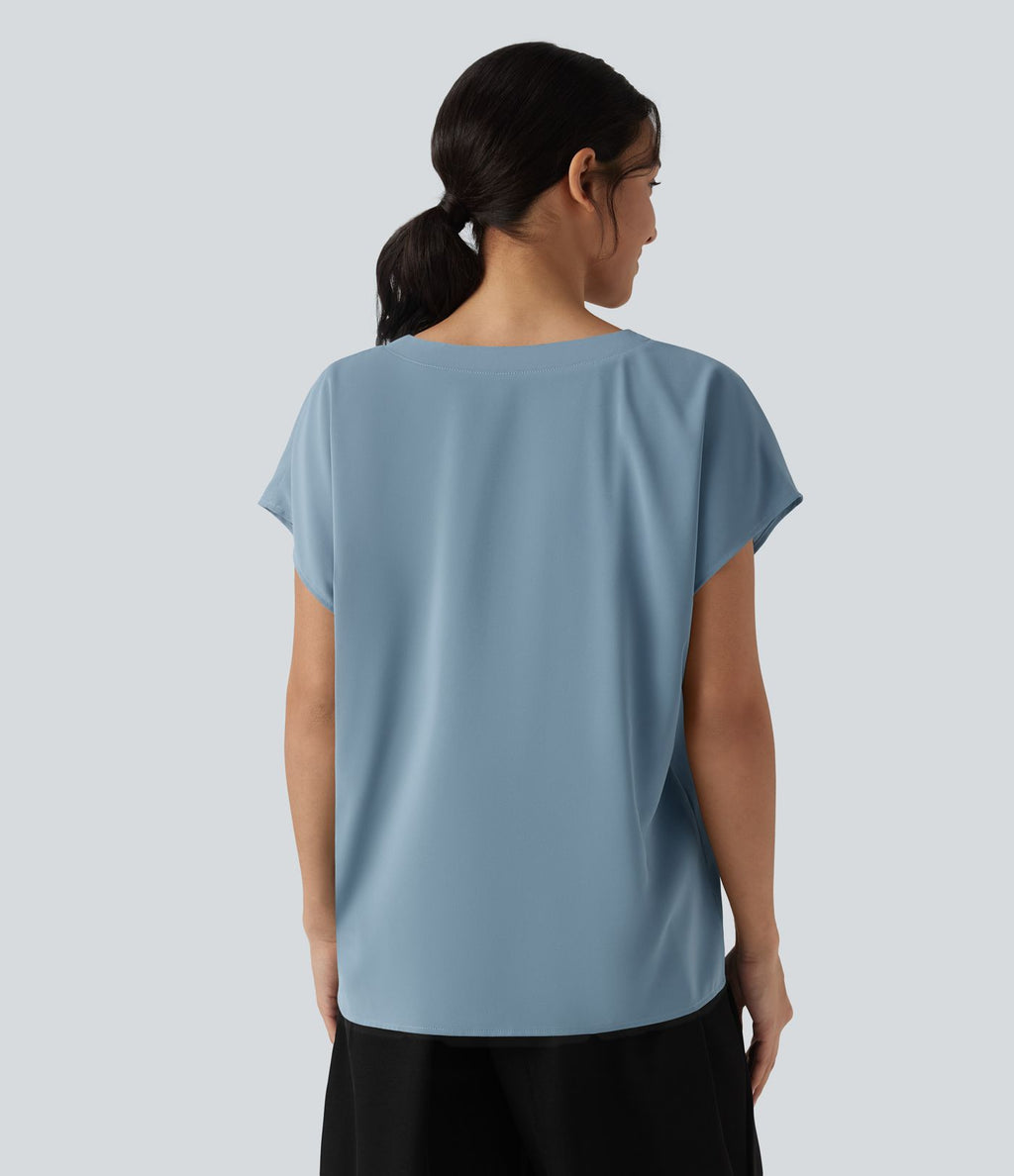 Blouse esprit bureau oversize défroissage facile, col V et manches courtes