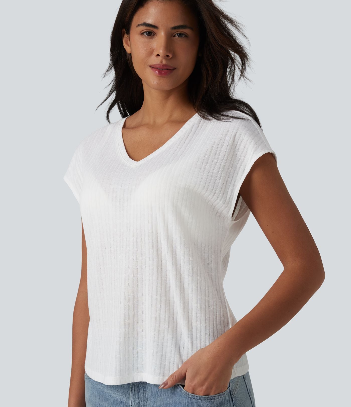 T-shirt casual jacquard col V à manches courtes