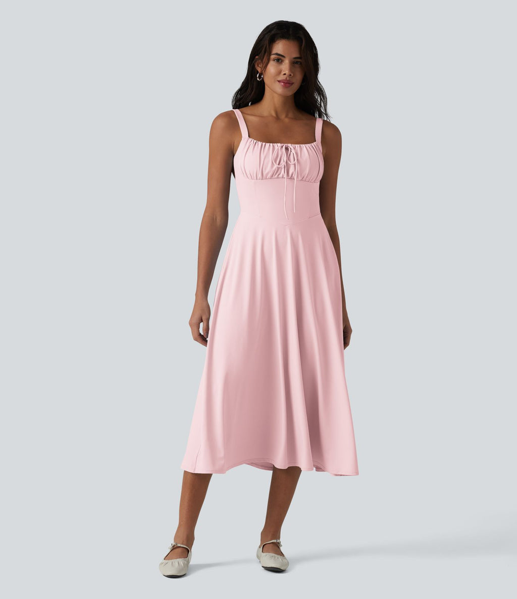 Robe fluide midi de villégiature sans manches, encolure carrée, dos nu croisé, fronces et soutien-gorge intégré