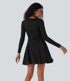 Robe décontractée mini évasée maille côtelée col V manches longues