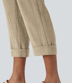 Pantalon capri effet lin taille haute avec poches zippées