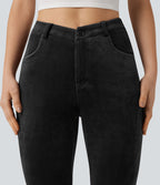 Pantalon évasé velours côtelé ceinture en V taille haute avec poches