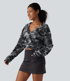 Sweat-shirt décontracté court à capuche, manches longues, motif camouflage et tissu gaufré