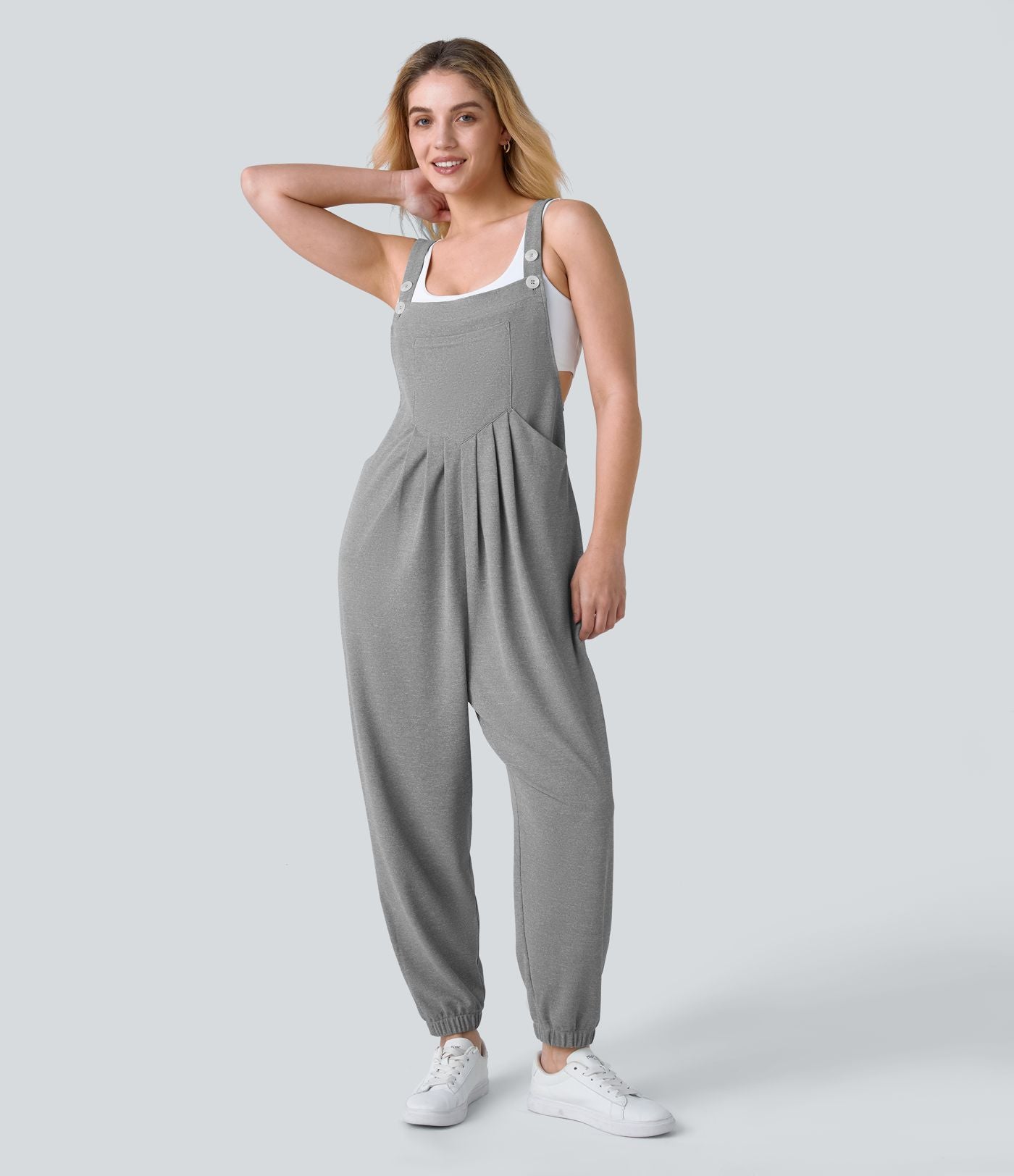Salopette Casual Bretelles Ajustables Boutonnés Multiples Poches Plis et Tissu Gaufré