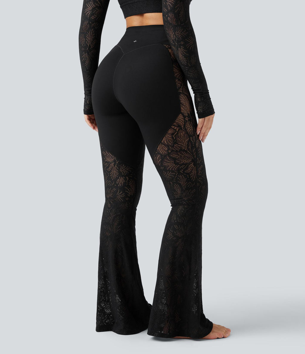 Pantalon de yoga évasé gainant taille haute avec dentelle contrastée et poche Halara UltraSculpt™