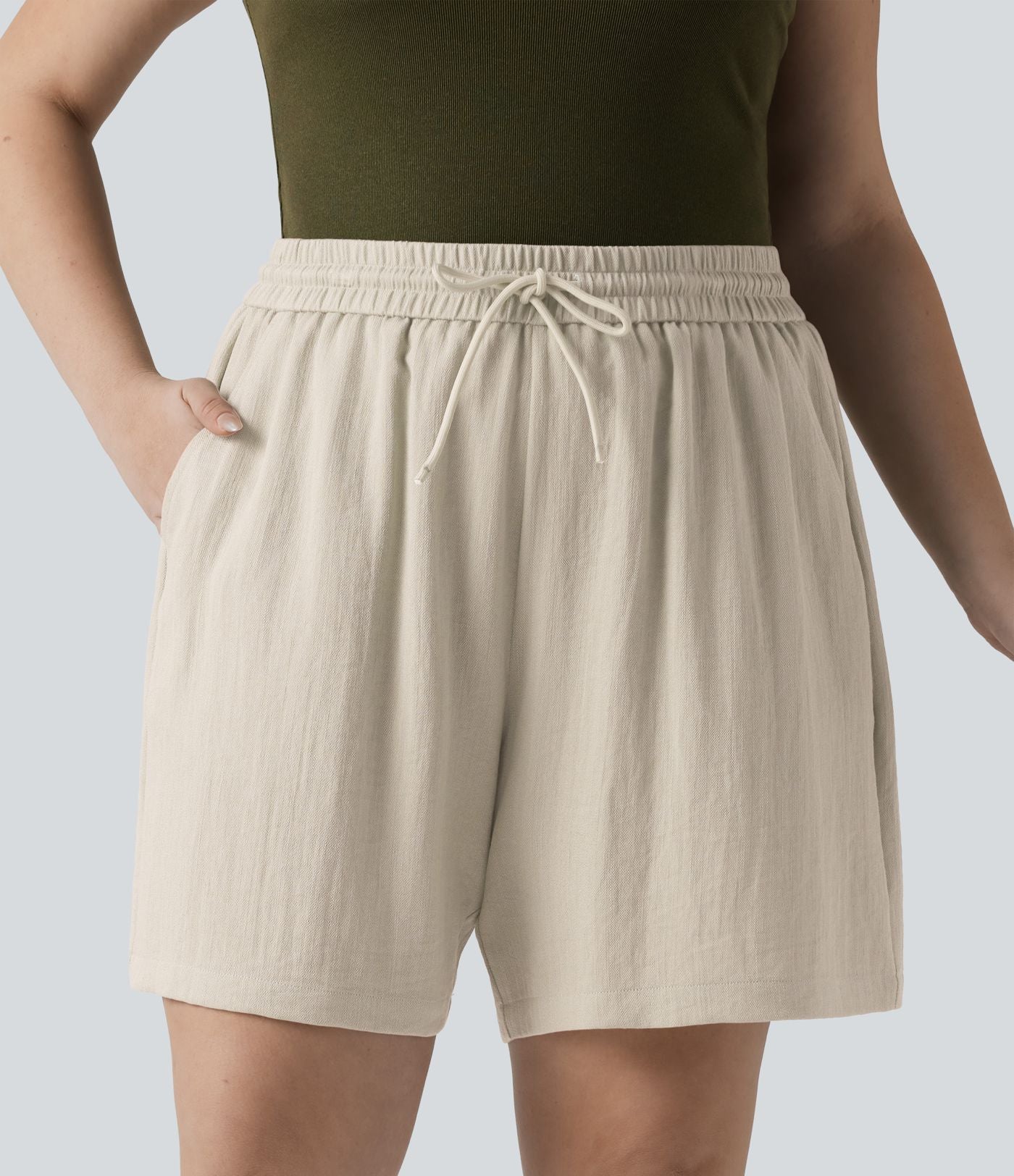 Short casual aspect lin grande taille taille haute avec cordon de serrage et poches