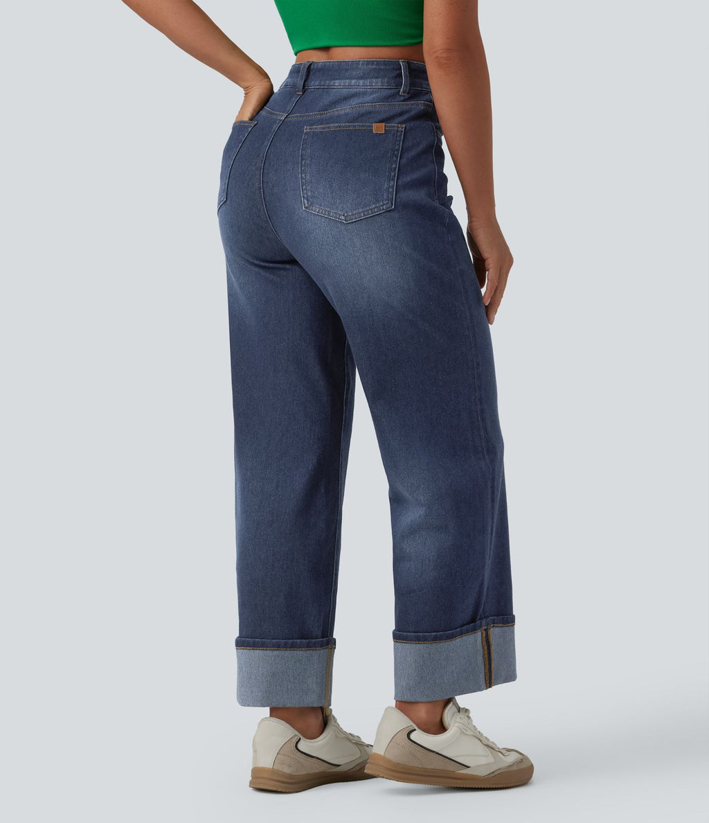Jean large 7/8 décontracté Halara Flex™ délavé gainant taille haute ourlet roulotté avec poches