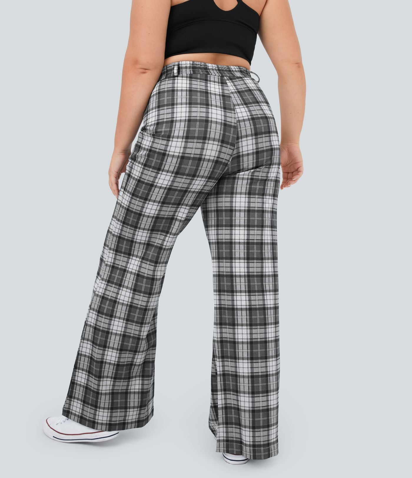Pantalon Large Casual Taille Haute Carreaux Grande Taille