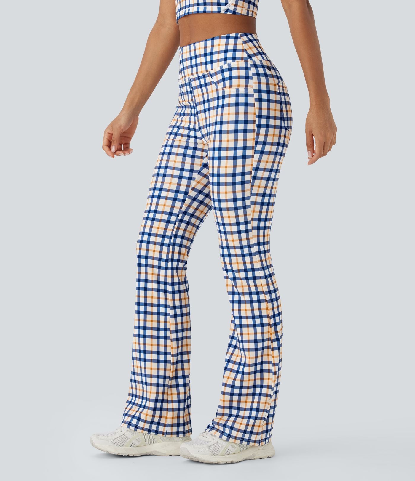 Pantalon décontracté bootcut à carreaux cool touch, taille haute, avec poches