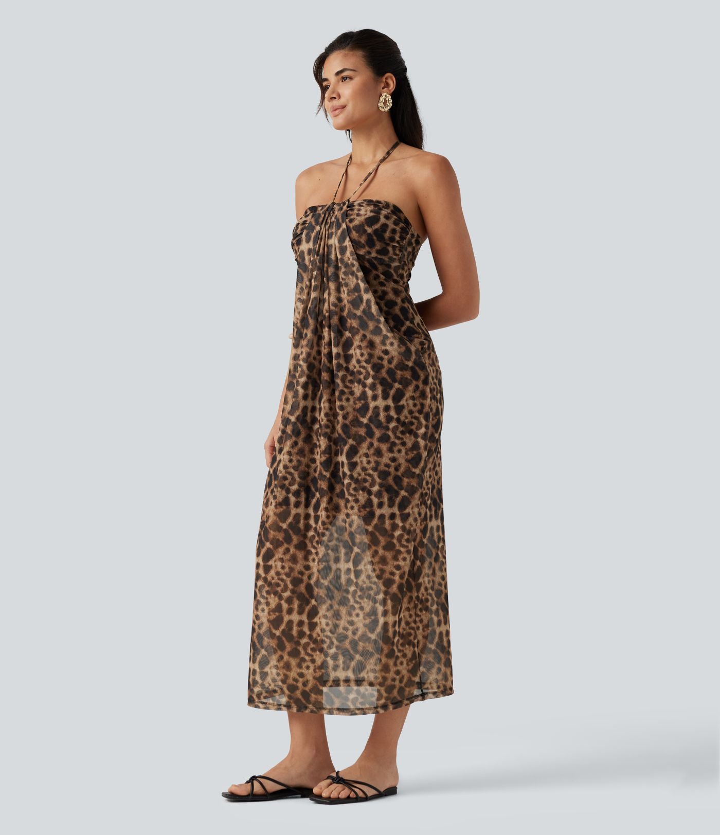 Robe maxi imprimé léopard dos nu à nouer avec brassière intégrée