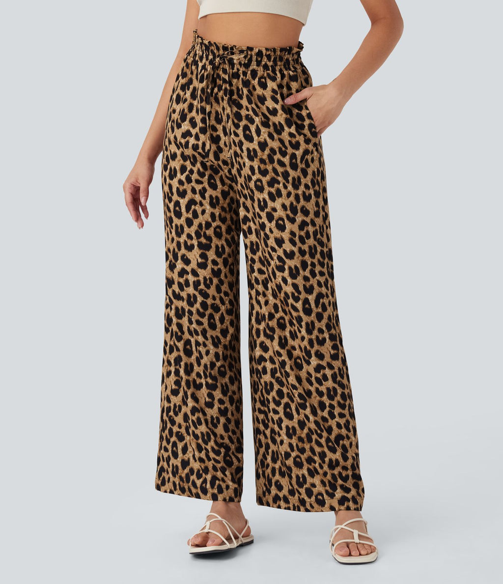 Pantalon large et fluide à imprimé léopard, taille haute avec cordon de serrage et poches latérales