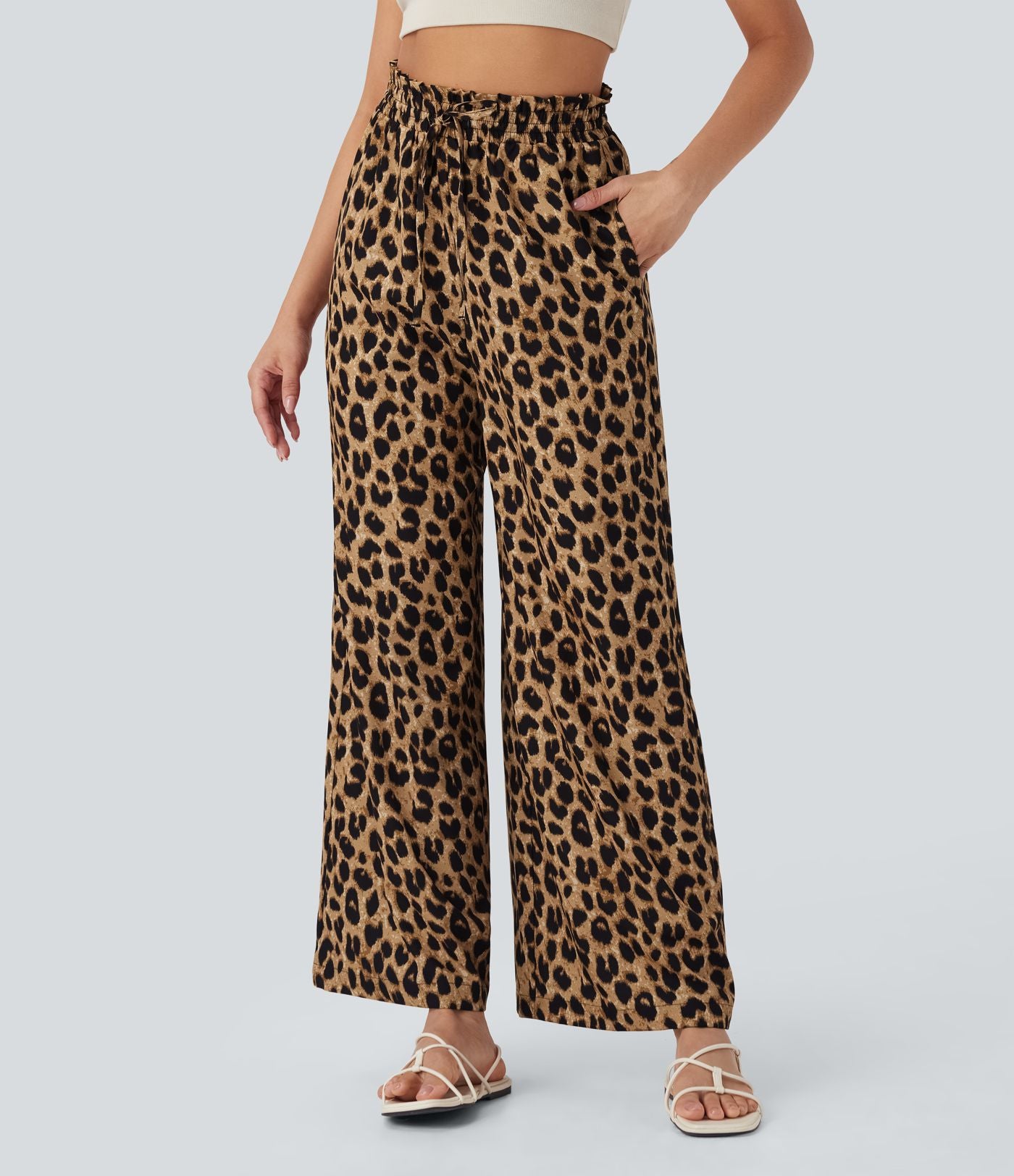 Pantalon large et fluide à imprimé léopard, taille haute avec cordon de serrage et poches latérales