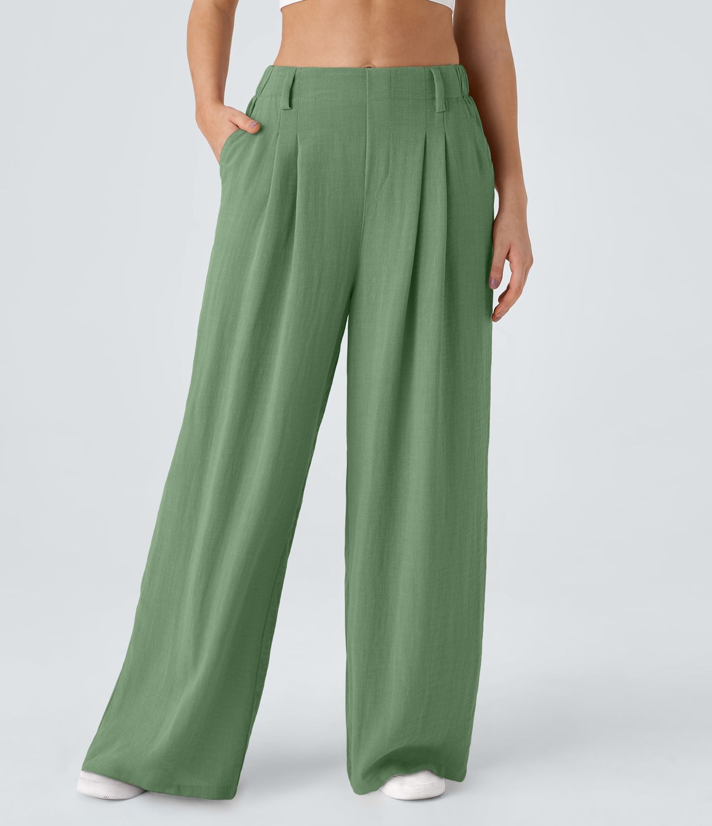 Pantalon Fluide Large Taille Haute Poches Latérales Palazzo Solide Casual Linen-Feel