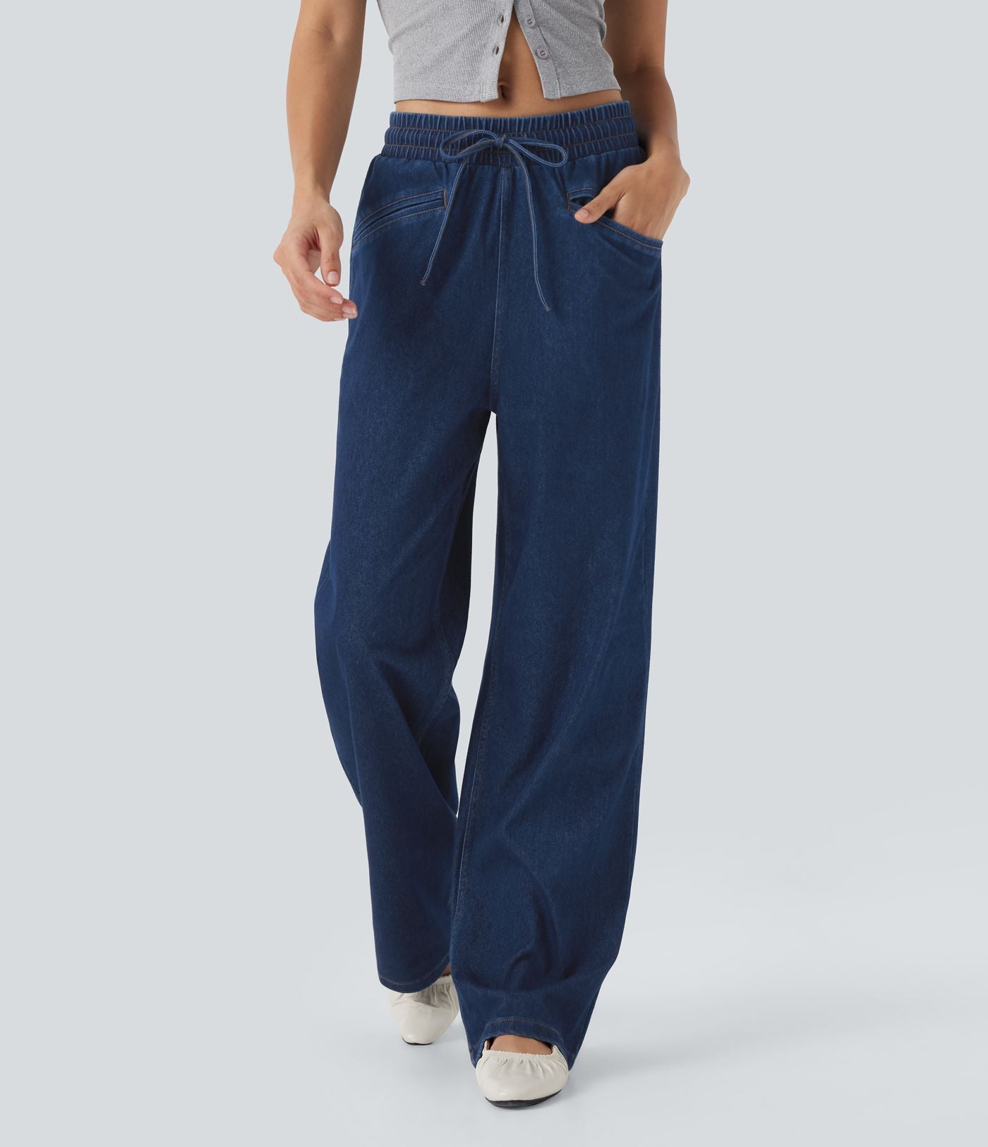 Jean Halara Flex™ taille haute large à cordon de serrage en maille extensible effet frais InstantCool avec poches