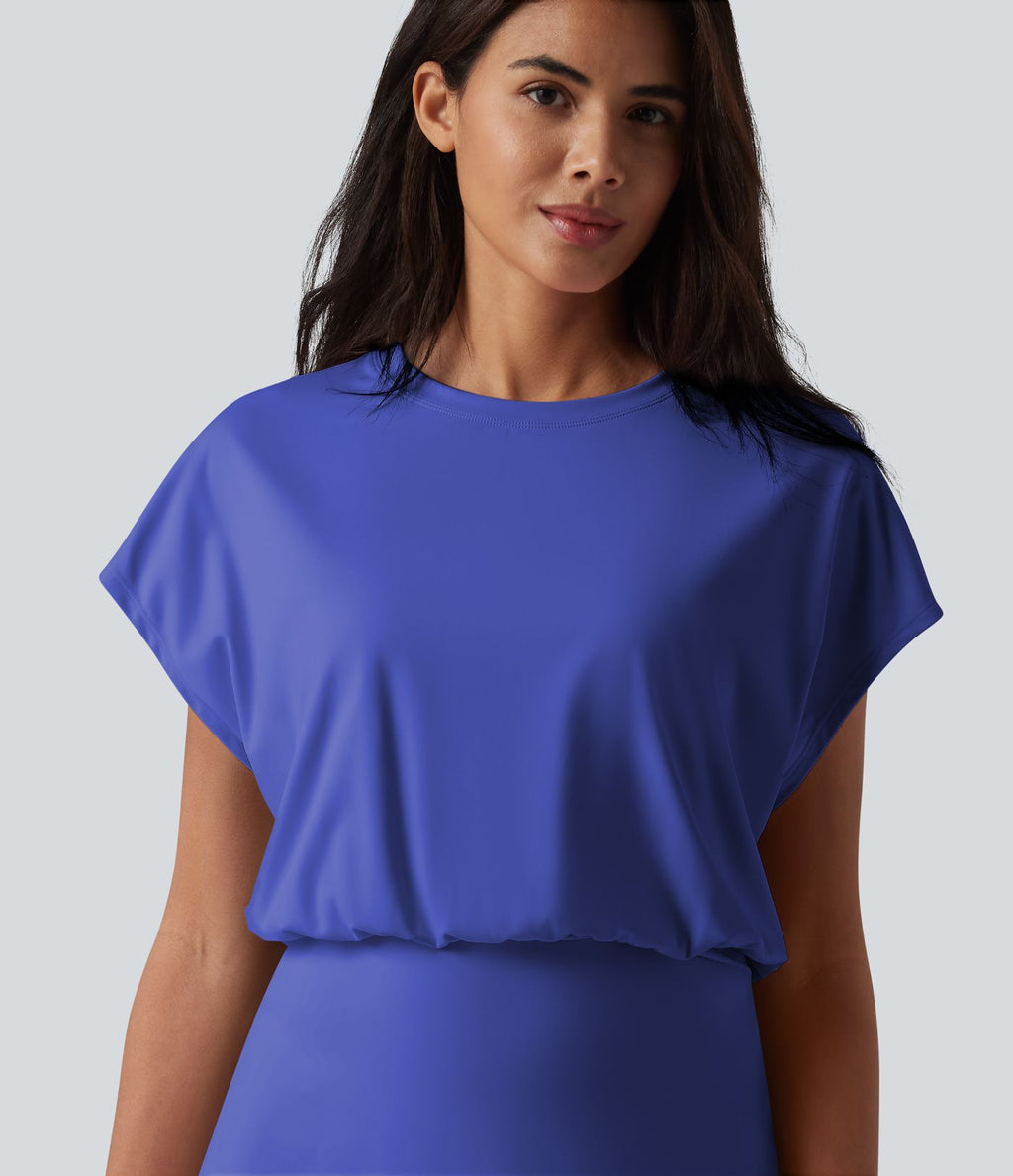 Robe de sport mini de yoga SoftlyZero™ Airy 2-en-1 effet frais InstantCool col rond à manches courtes, demi-zip et poches, accès facile Easy Peasy
