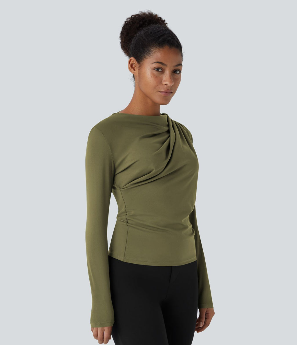 Cowl Neck Ruched Long Sleeve Slim Work Top