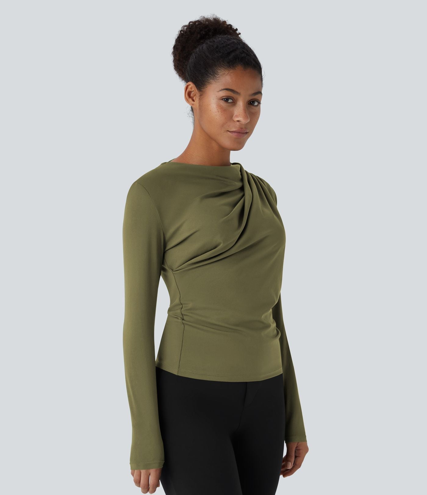 Cowl Neck Ruched Long Sleeve Slim Work Top
