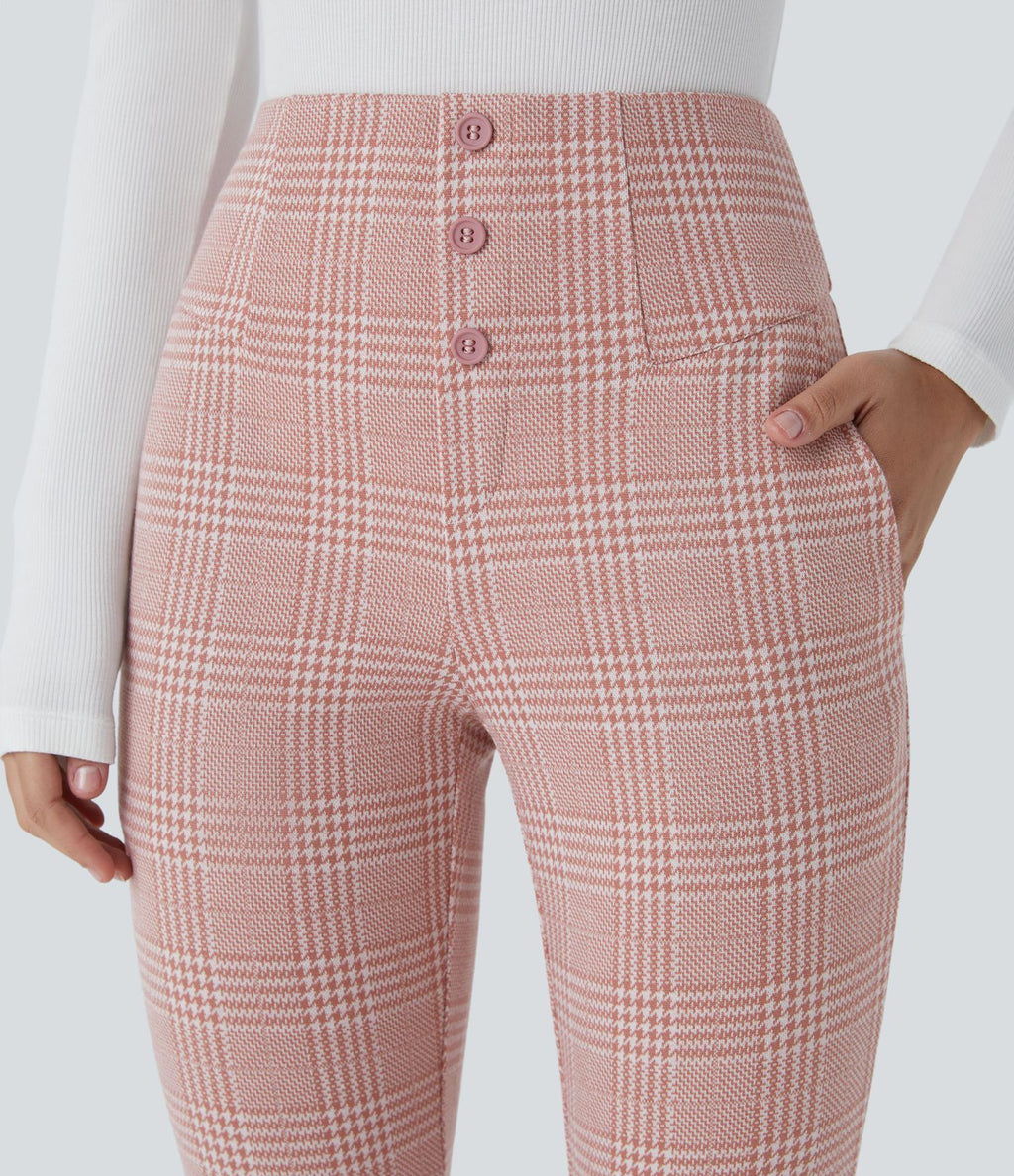 Halara Flex™ Pantalon tailleur Cintrés à Taille Haute avec Boutons Décoratifs Poches Latérales et Imprimé Pied-de-Poule