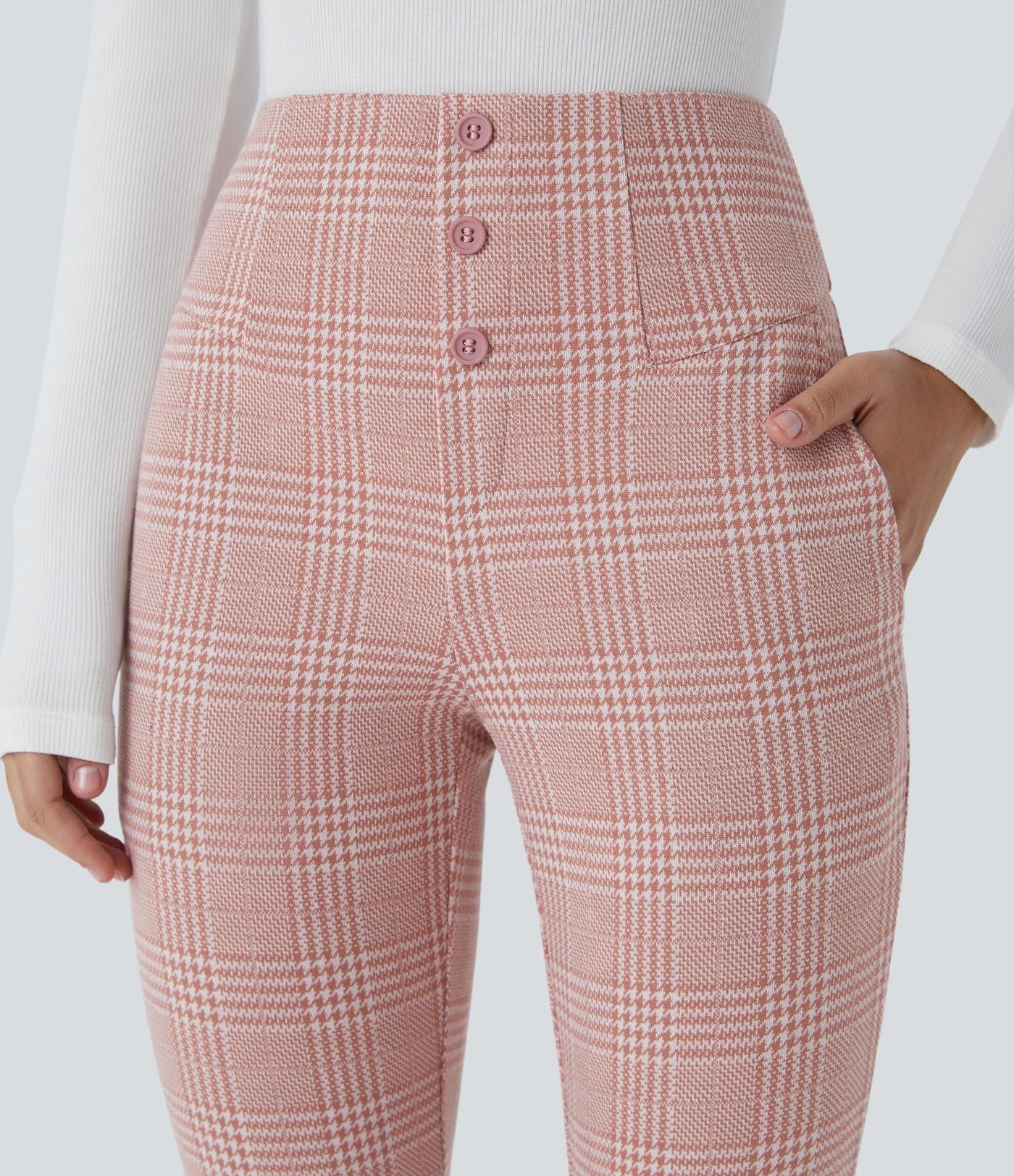 Halara Flex™ Pantalon tailleur Cintrés à Taille Haute avec Boutons Décoratifs Poches Latérales et Imprimé Pied-de-Poule