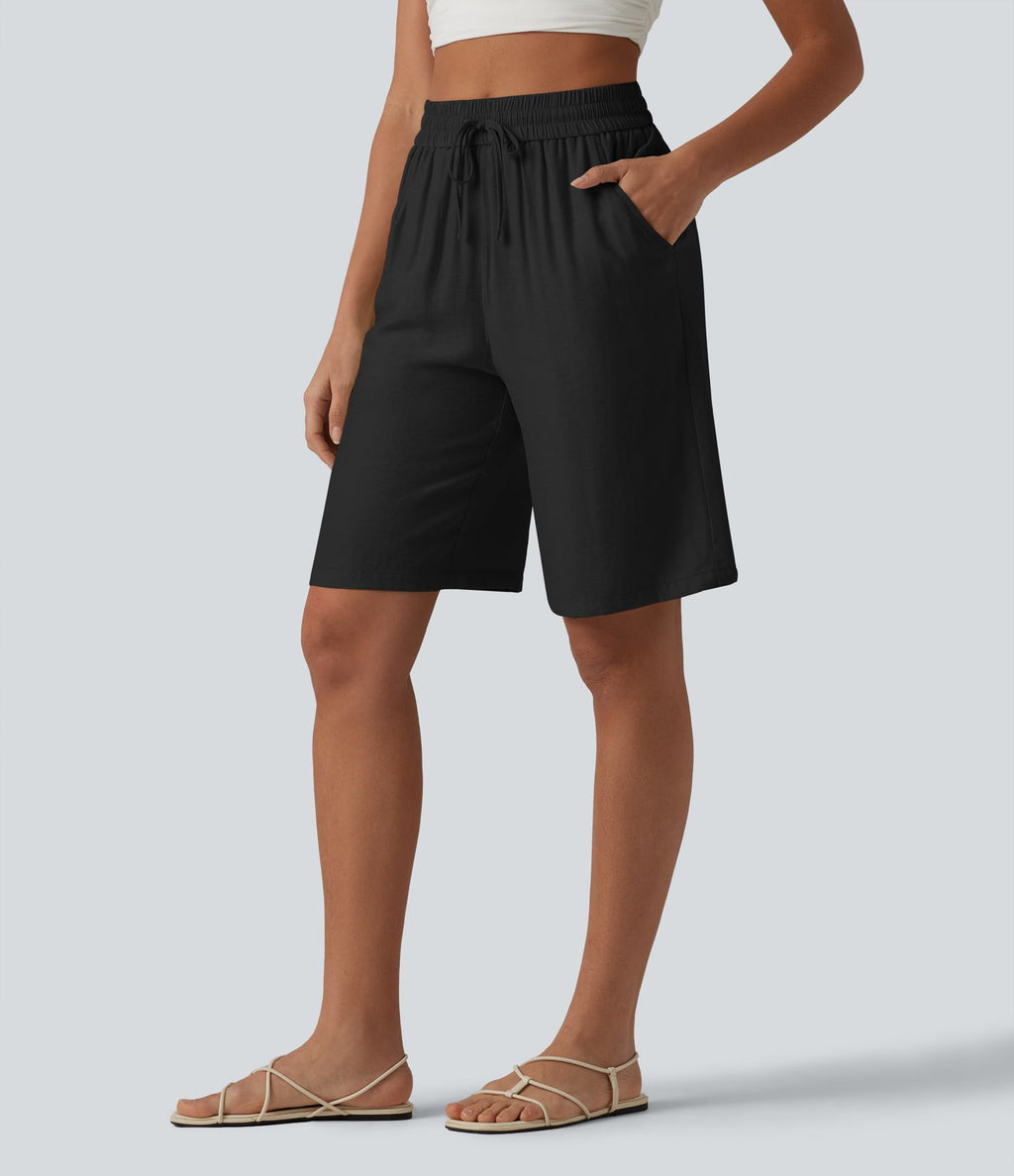 Short décontracté taille haute en lin mélangé avec cordon de serrage et poches, 25 cm