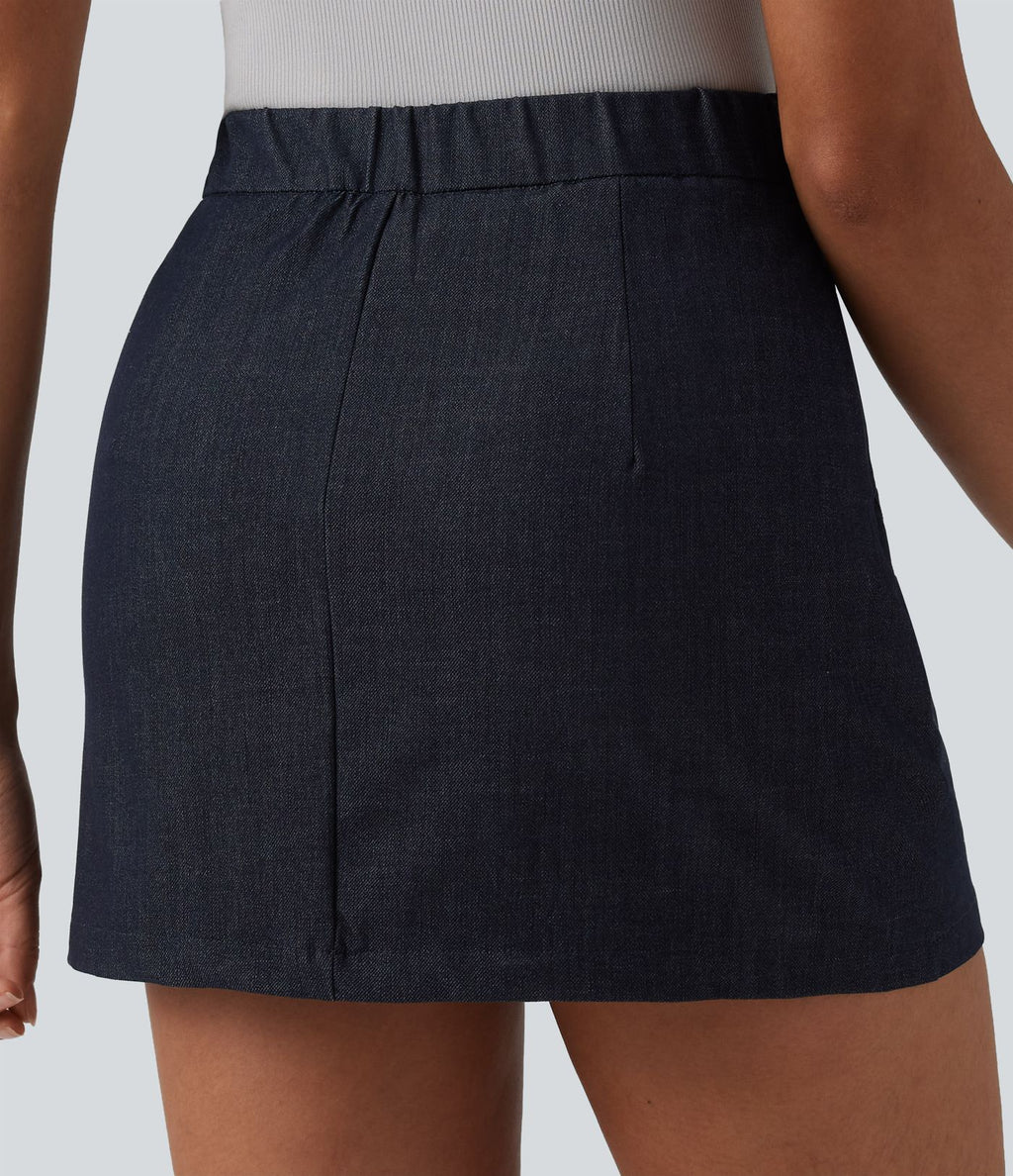 Jupe mini casual 2-en-1 moulante taille haute effet denim avec fermeture éclair invisible et poches