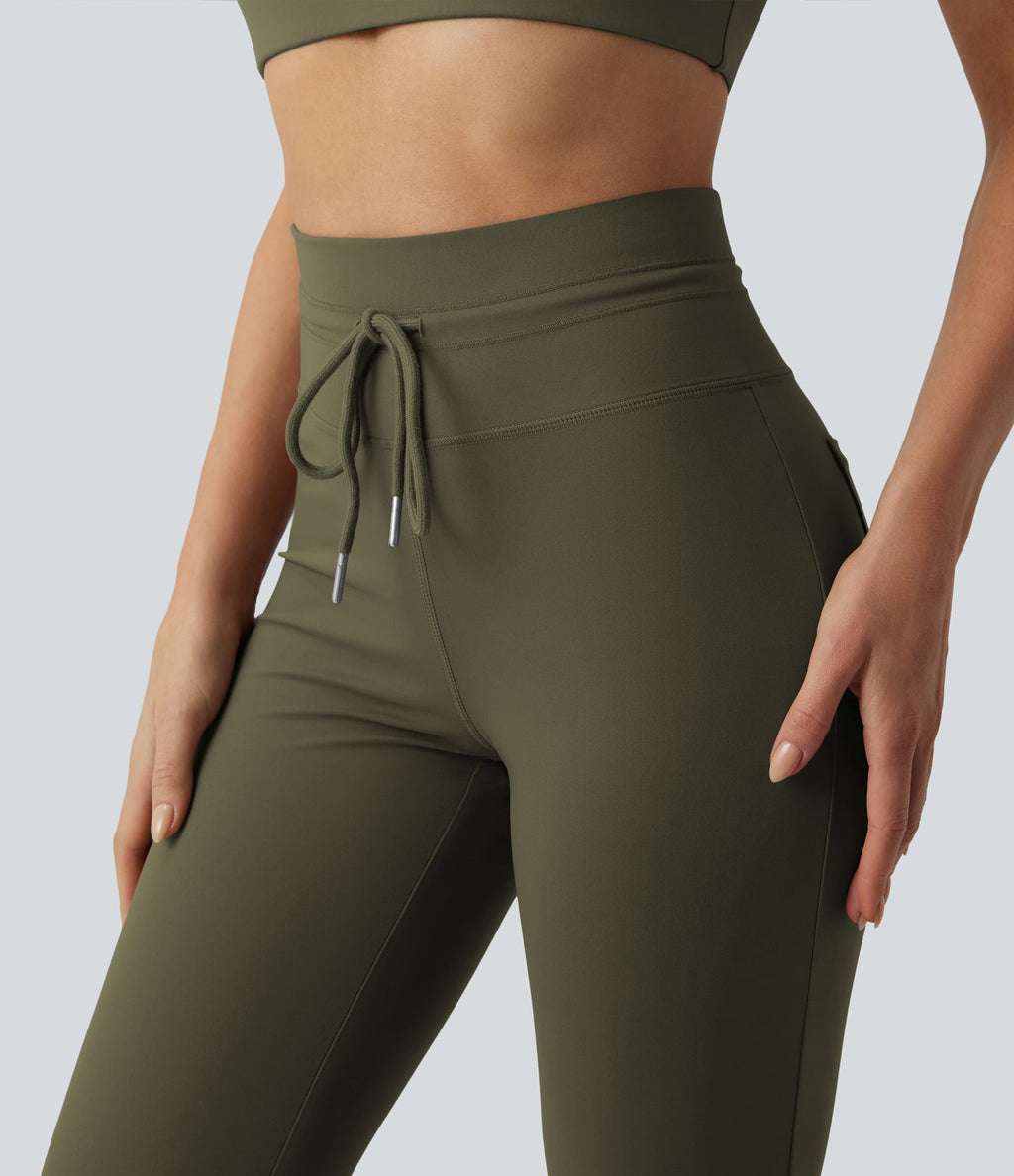 Pantalon de yoga évasé taille haute avec cordon de serrage uni et poches