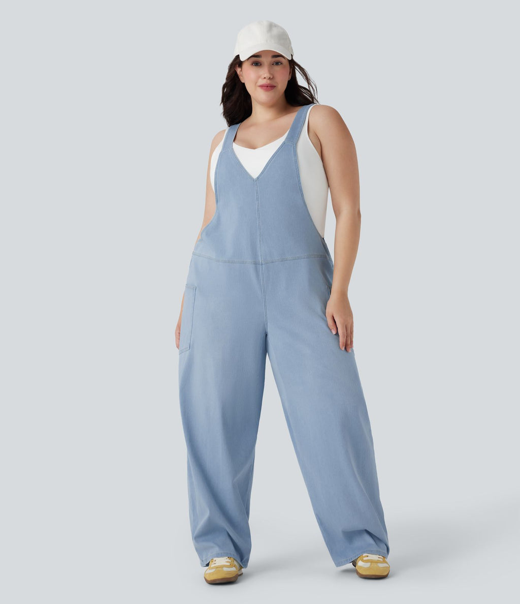 Salopette décontractée Halara Flex™ grande taille en maille denim extensible délavée col V avec poches