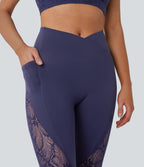 Legging de yoga 7/8 taille haute avec poches latérales, dos croisé et dentelle contrastante Softlyzero™-UPF50+