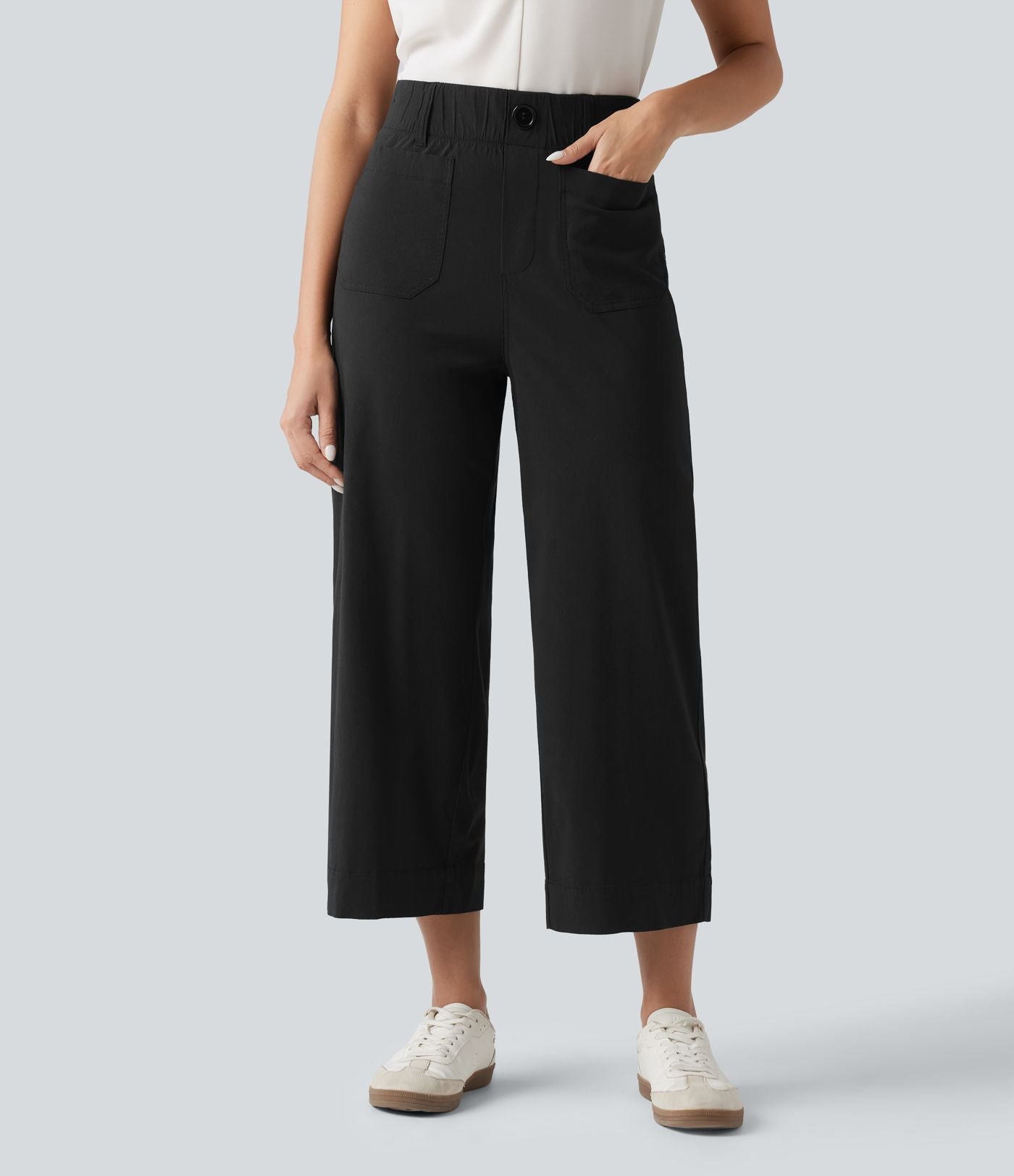 Pantalon large fluide court décontracté taille haute en lin stretch avec poches