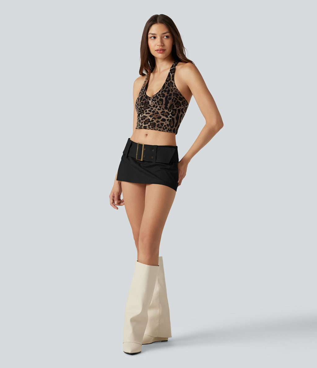Jupe micro 2-en-1 décontractée taille très basse en coton chino avec ceinture
