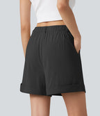 Short ample taille haute décontracté en lin stretch 10 cm avec poches