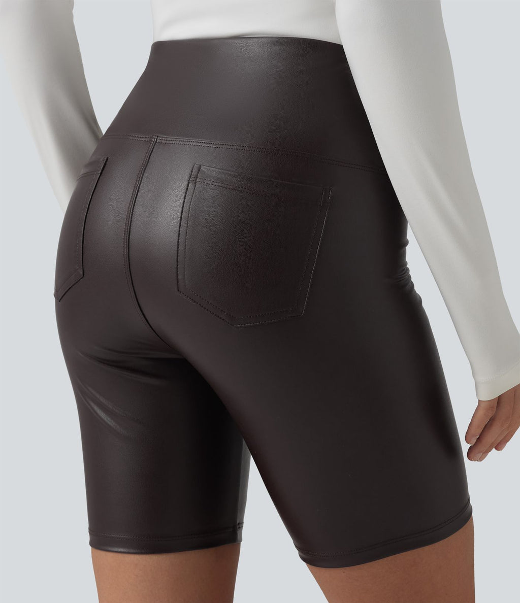 Short de cycliste casual en PU stretch gainant taille haute 17,5 cm avec poches