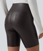 Short de cycliste casual en PU stretch gainant taille haute 17,5 cm avec poches