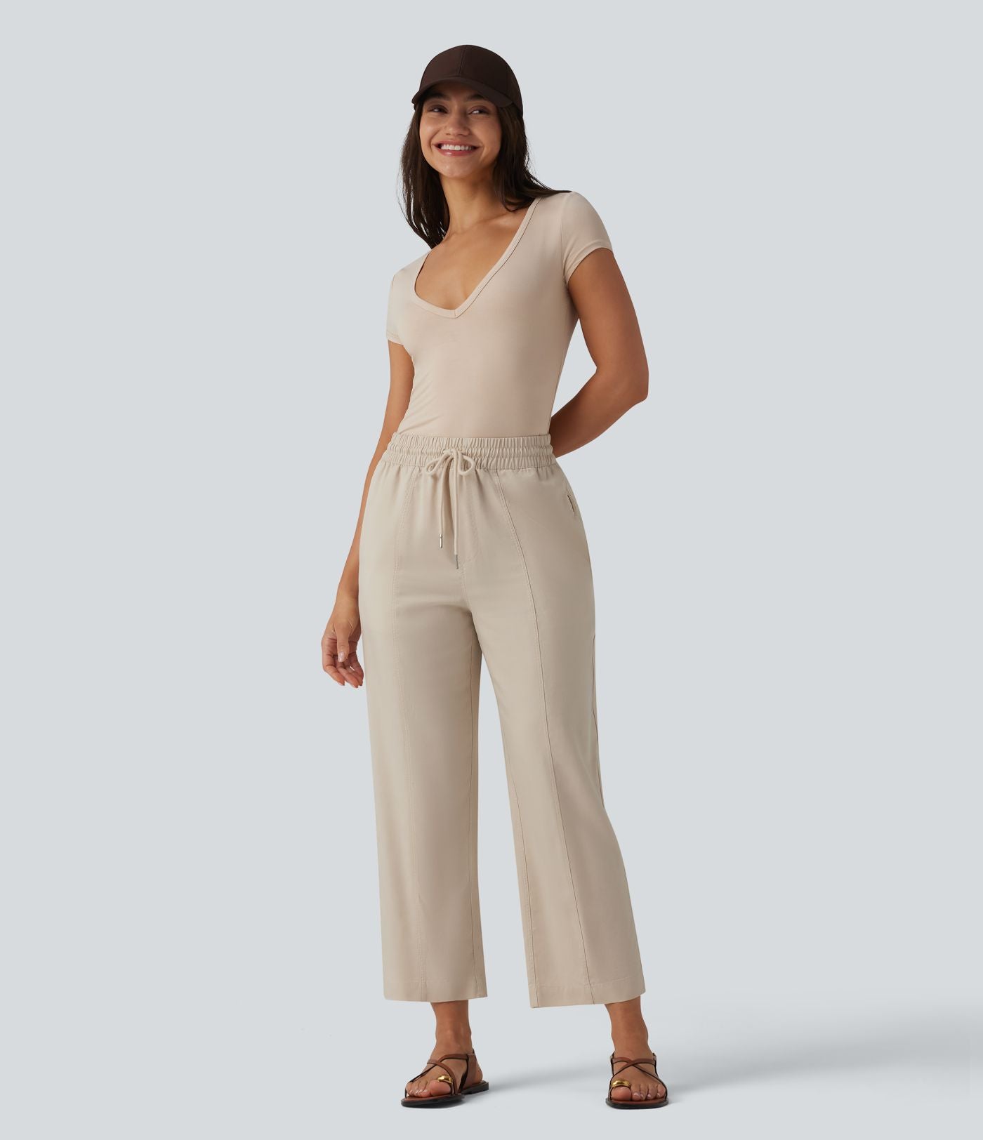 Pantalon casual fuselé en lin drapé taille haute avec cordon de serrage et poches