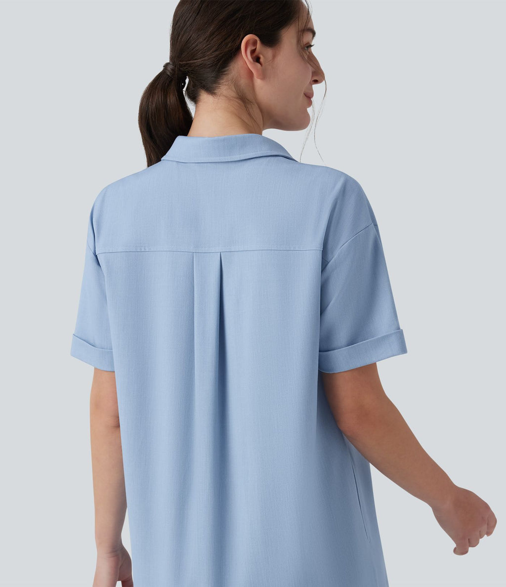 Robe casual mi-longue col manches courtes ourlet courbe avec poches