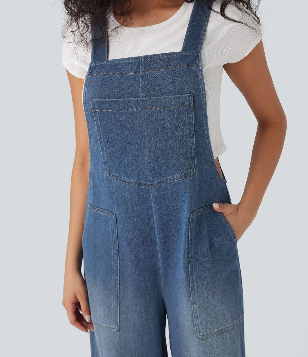Salopette denim Halara Flex™ col carré effet délavé avec poches