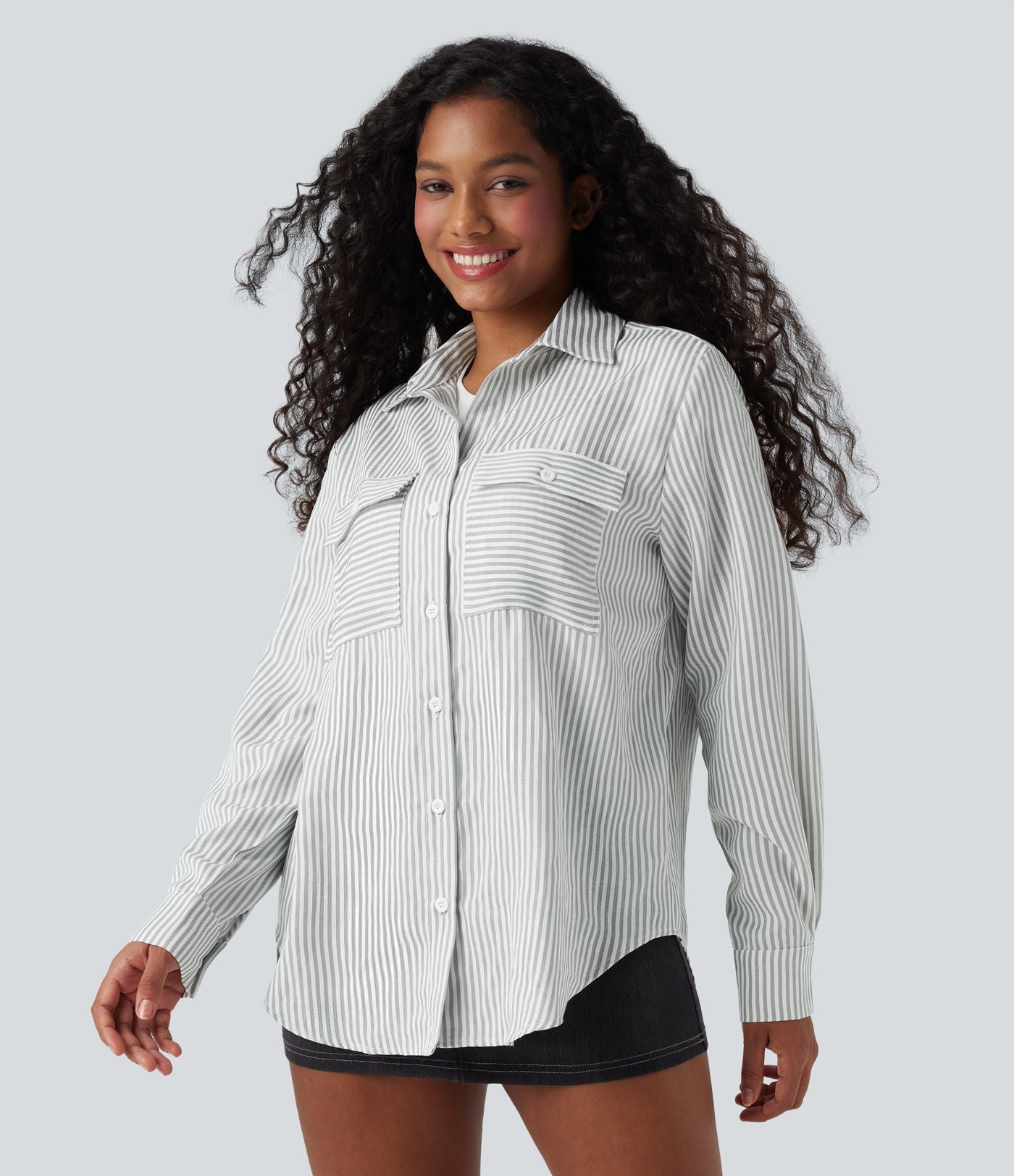 Chemise décontractée manches longues à rayures ourlet arrondi