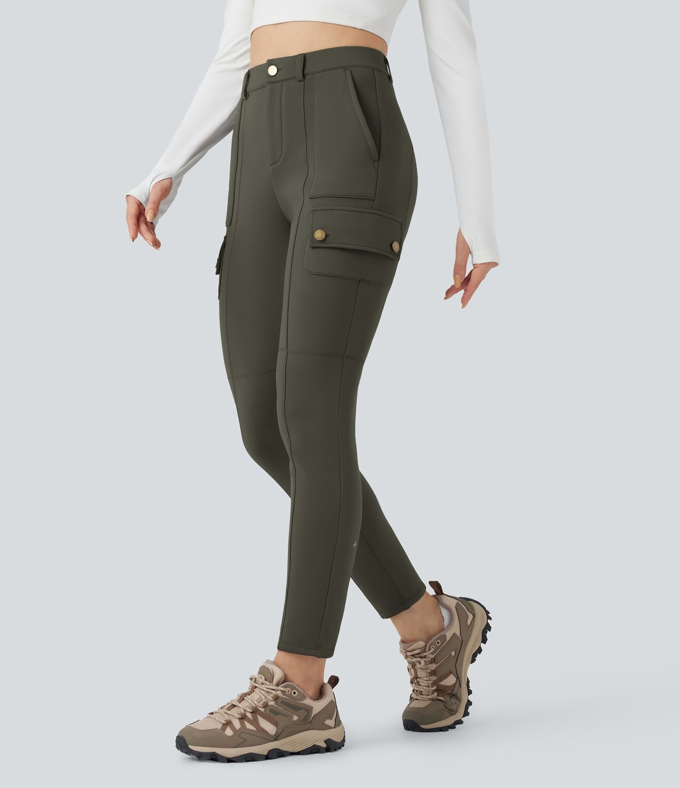 Pantalon cargo de randonnée ajusté polaire taille haute avec poches