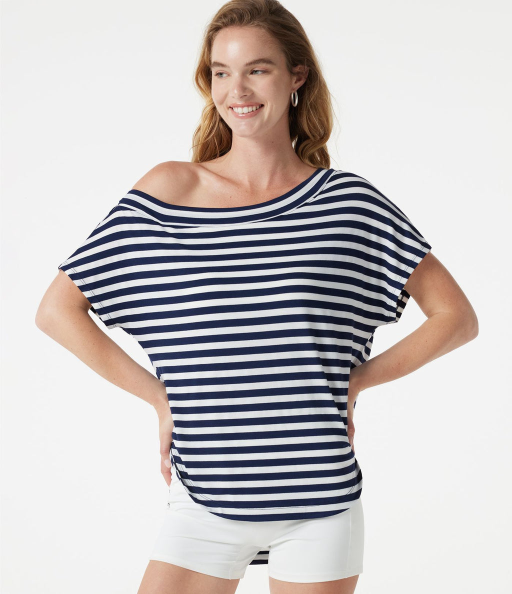 Top casual asymétrique épaule dénudée à rayures, manches courtes, ourlet incurvé et brassière intégrée