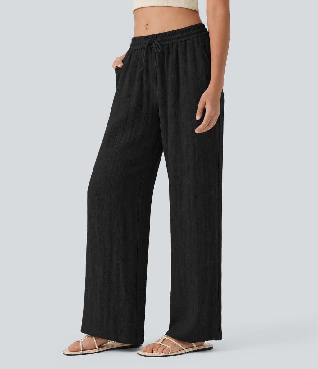 Pantalon baggy large casual effet lin taille basse avec cordon et poches